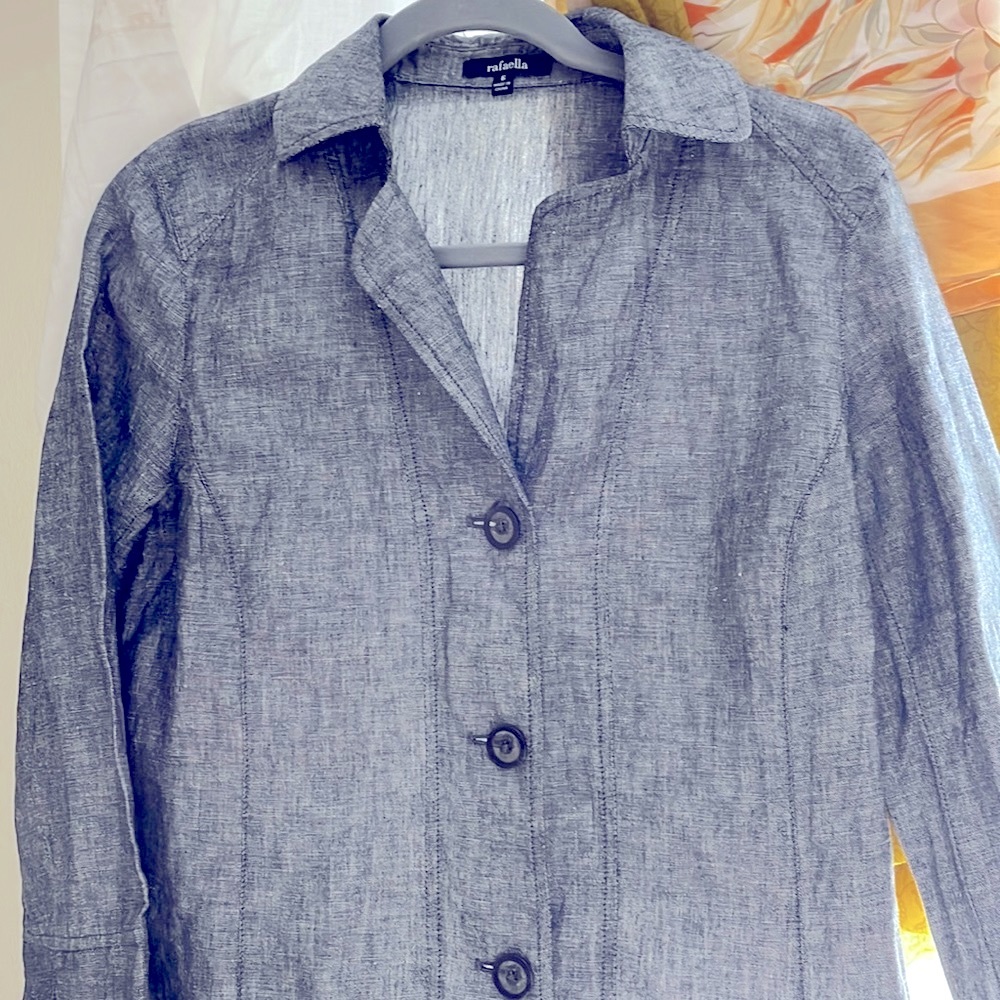 Rafaela size 6 gray linen/cotton  button-down shirt three-quarter sleeve